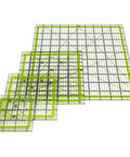 Game Changer Clear Acrylic Quilting Ruler Set in green, 4 square templates, sizes 3.5x3.5 to 10.5x10.5 inches for crafting.