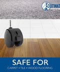 Heavy Duty Hooded Twin Wheel Casters With Locking Brake And Full Swivel Action Black Nylon Tires mounted on floor surfaces.