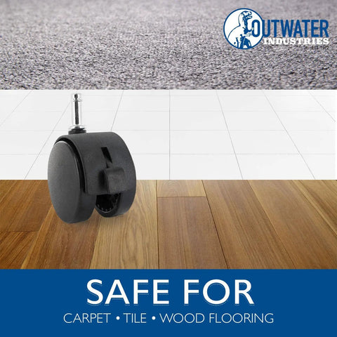 Heavy Duty Hooded Twin Wheel Casters With Locking Brake And Full Swivel Action Black Nylon Tires mounted on floor surfaces.