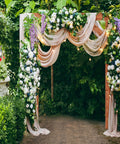 Wood Garden Arbor Archway Pergola 84 Inch Outdoor Structure With Decorative Hanging Roof And Side Climbing Trellis, with floral decor.