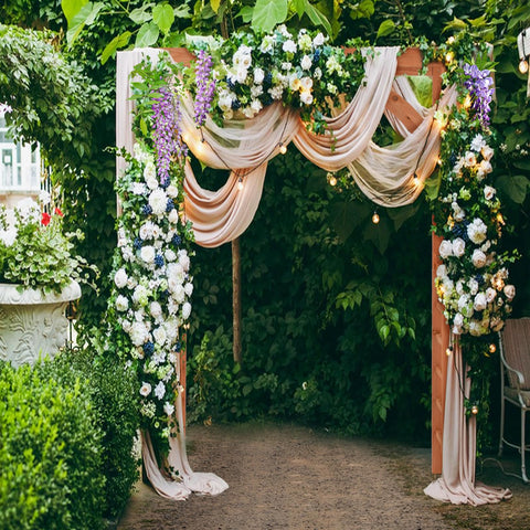 Wood Garden Arbor Archway Pergola 84 Inch Outdoor Structure With Decorative Hanging Roof And Side Climbing Trellis, with floral decor.