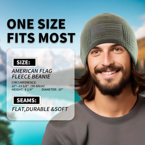 Man wearing Grid Fleece Beanie With American Flag Embroidery For Outdoorsy Folks, Army Olive, lightweight and cozy design in nature.