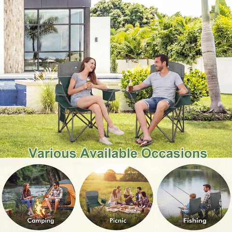 Couple using Oversized Camping Chairs 2 Pack With Cooler Bag And Cup Holder Padded Lawn Chairs Heavy Duty 350 Lbs in garden