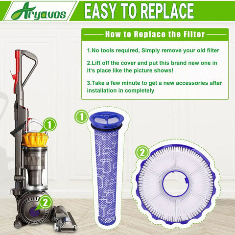 Dyson Vacuum Filter Replacements For DC40 DC42, showing two filters and a vacuum with installation guide