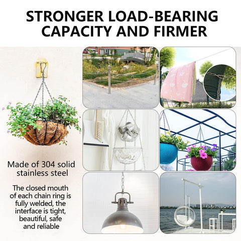One Eighth Inch Stainless Steel Link Chain Heavy Duty Coil Chain With Carabiners Two Pack 6.5 Ft Each 304 Stainless Steel Safety Chains For Swing Sets Fences Dogs Plants Anti Theft Anchor Or Towing displayed in various uses: hanging plants, securing fence, holding canopy, and swing set application