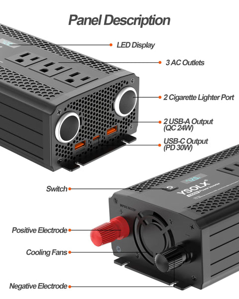 Close-up of Heavy Duty 1000W Power Inverter 12V To 110V AC With 2000W Peak Surge, showing outlets and cooling system.