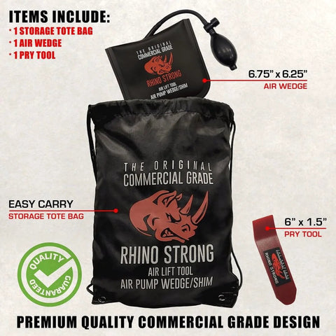 Boss Level Heavy Duty Air Wedge Bag Pump Pro Grade Leveling Kit With Non Marking Inflatable Shim showing tote, wedge, pry tool.