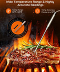 WiFi Meat Thermometer With 4 Probes inserted into steak on grill, displaying temperature range and accuracy indicators.