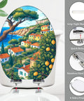 Resin Elongated Toilet Seat for Bathroom featuring a coastal design, measuring 14.5" x 18.5", with stainless steel hinges.