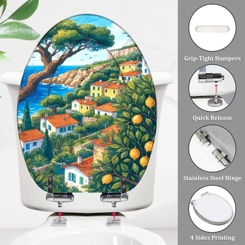 Resin Elongated Toilet Seat for Bathroom featuring a coastal design, measuring 14.5" x 18.5", with stainless steel hinges.