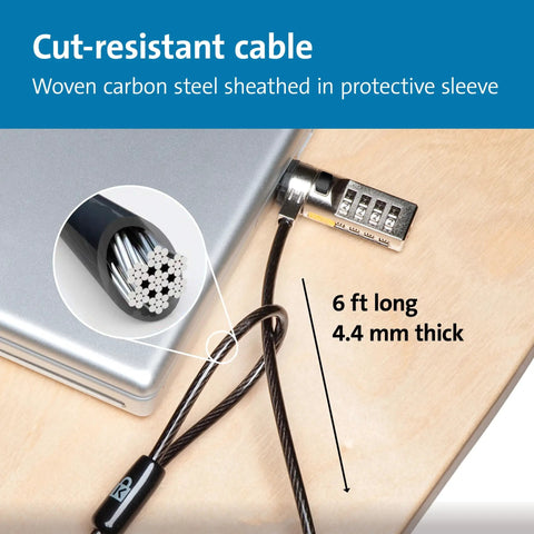 Get Your Hands On This Badass Laptop Security Cable Lock With Sweet Push Button Design And Resettable Four Digit Combination Code On Six Foot Cut Resistant Steel Wire For Office, showing 6 ft long, 4.4 mm thick cut-resistant cable.