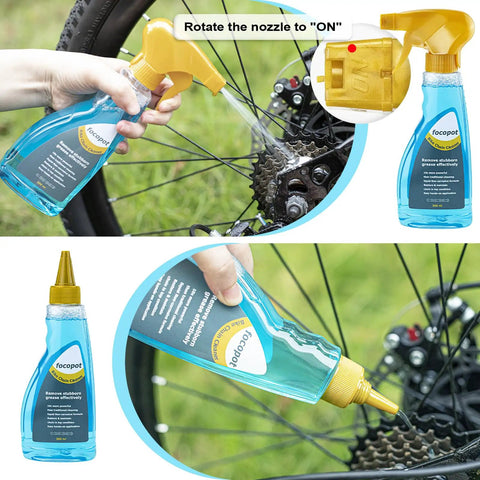 Applying degreaser from Bike Chain Cleaner Kit With Chain Lubricant And Biodegradable Degreaser, Chain Scrubber on bike chain