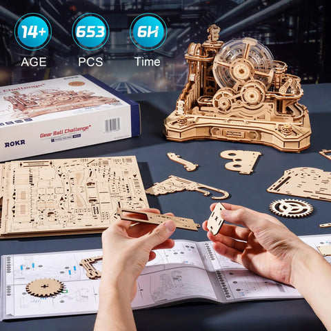3D Wooden Puzzle Gear Ball Challenge for Adults DIY Marble Run Pinball Machine Model Kit With Six Mechanisms Five Tier Tracks And Real Time Path Adjustments For Thrill Seeking Brain Teasers assembled wooden gear ball kit, 653 pcs
