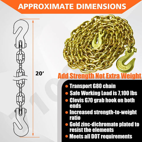 G80 Transport Binder Chain 3/8 Inch By 20 Foot With Clevis Grab Hooks, 7,100 Lbs Safe Working Load, Heavy Duty Logging Tow Tie Down Chain For Truck Trailer And Vehicle Transport Anywhere