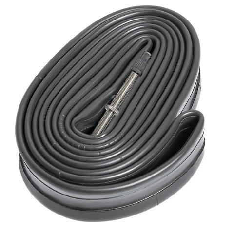 Two Pack 700C Bike Tubes With Presta Valve 48mm Premium Butyl Rubber Fits 25C 26C 28C 30C 32C Road And Mountain Bikes Solid Sealing Ozone And Aging Resistance Reliable Flat Prevention, close-up of folded tube with valve