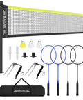 Outdoor Badminton Net Set With Anti Sag Winch System For Tournament Tightness Official Size Twenty Feet By Five Feet Includes Four Rackets Three Shuttlecocks Durable PE Net And Carry Bag For Backyard Beach And Family Games Yellow