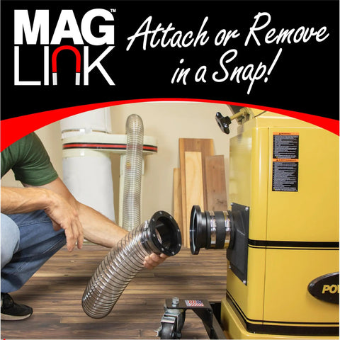 Person using Magnetic Dust Collection Fittings Starter Kit for 4 Inch Hose No Fuss Quick Connect System to Easily Move Dust Collection Hose Between Machines Durable 4 Inch Fittings for Dust Collectors on a woodshop machine