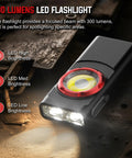 Black LED flashlight on metal surface showing dual light sources and button controls with 300 lumens focused beam