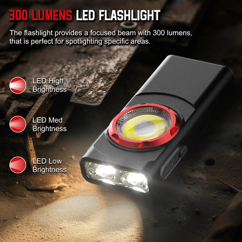 Black LED flashlight on metal surface showing dual light sources and button controls with 300 lumens focused beam