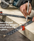 Stair Gauges For Framing Square With Non Slip Grip And Holder on lumber, demonstrating precise layout with a pencil, non-slip pad visible.