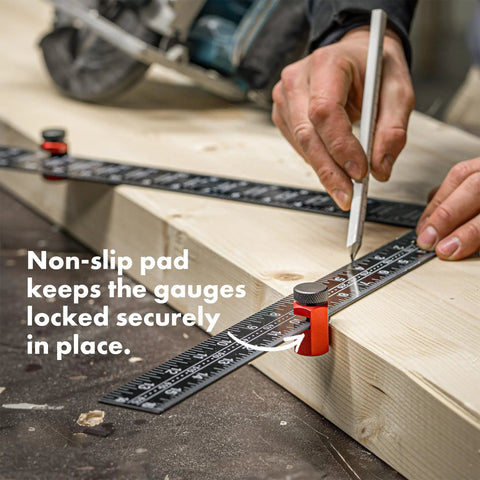 Stair Gauges For Framing Square With Non Slip Grip And Holder on lumber, demonstrating precise layout with a pencil, non-slip pad visible.