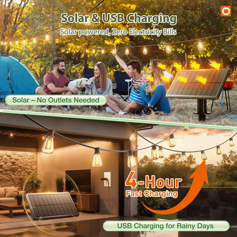 52 Ft Solar String Lights With Remote And USB Port showcasing outdoor use with friends camping and solar charging panel in view