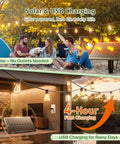 96 Ft Outdoor Solar String Lights With Remote And USB Port, patio setup with solar panel and people enjoying evening