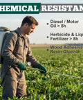 Green nitrile work gloves worn by a farmer operating a backpack sprayer in a field.