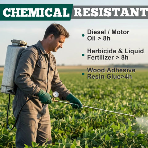 Green nitrile work gloves worn by a farmer operating a backpack sprayer in a field.