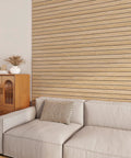 No Sweat Peel And Stick Faux Wood Slats Self Adhesive Wall Panels Light Oak Finish, cozy living room setup with slat wall.