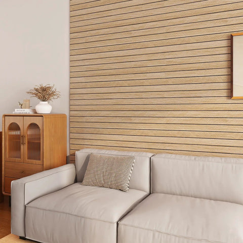 No Sweat Peel And Stick Faux Wood Slats Self Adhesive Wall Panels Light Oak Finish, cozy living room setup with slat wall.