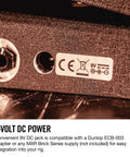 Close-up of 9V DC power input of Cry Baby Standard Wah Pedal With Aggressive Modern Voice Iconic Fasel Inductor for easy integration.