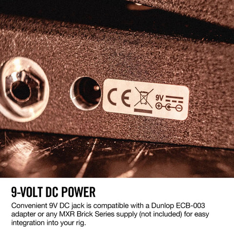 Close-up of 9V DC power input of Cry Baby Standard Wah Pedal With Aggressive Modern Voice Iconic Fasel Inductor for easy integration.