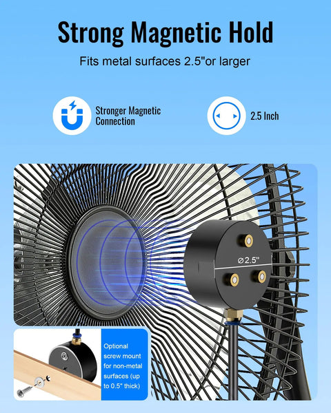 Magnetic Outdoor Misting Fan Kit with magnetic base attached to fan for instant cooling, showcasing strong hold and nozzle design.