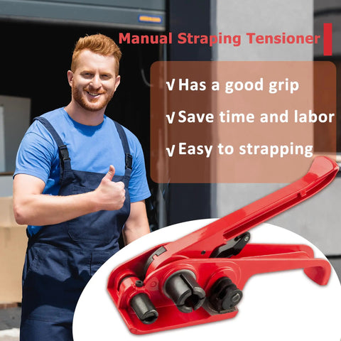 Heavy Duty Poly Strapping Tensioner With Cutter For One Half To Three Quarters Inch PET And PP Straps, worker with tool