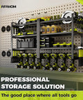 4 Tier Power Tool Organizer Wall Mount Set For Cordless Tools 2 Pack With Bottom Layer Holding Up To 8 Cordless Drills And Upper Tiers For Heavy Tools And Small Tools Plus Hammer Holder Pliers Holder And Screwdriver Slots Garage Workshop Storage Rack installed on pegboard wall with various tools.
