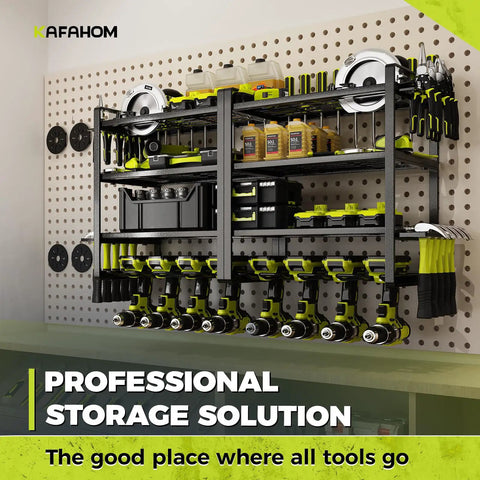 4 Tier Power Tool Organizer Wall Mount Set For Cordless Tools 2 Pack With Bottom Layer Holding Up To 8 Cordless Drills And Upper Tiers For Heavy Tools And Small Tools Plus Hammer Holder Pliers Holder And Screwdriver Slots Garage Workshop Storage Rack installed on pegboard wall with various tools.