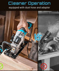 Seesii mini circular saw with blue housing cutting wood on a workbench (front view).