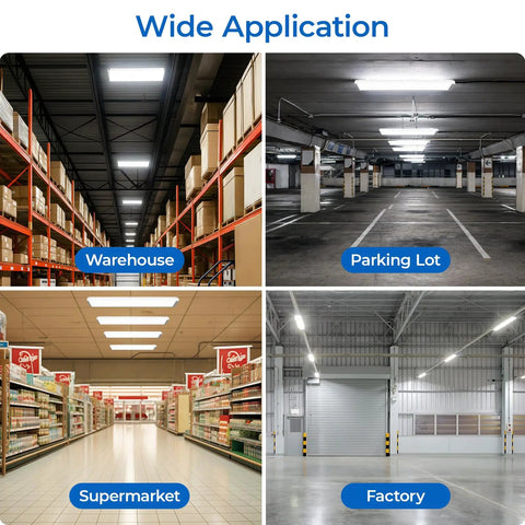 Wide application of Built Different 3 Foot Led Linear High Bay Light With No Sweat Plug And Play Hookup And Adjustable 300W 250W Or 200W Power in warehouse, parking lot, supermarket, and factory.