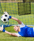 Goalkeeper saving a ball with inset of net from 6 Pack Universal Sports Net Repair Kit With 100 Nylon Zip Ties And 20x20cm Net Patches
