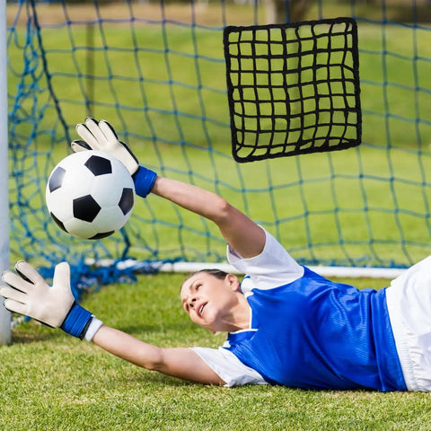 Goalkeeper saving a ball with inset of net from 6 Pack Universal Sports Net Repair Kit With 100 Nylon Zip Ties And 20x20cm Net Patches