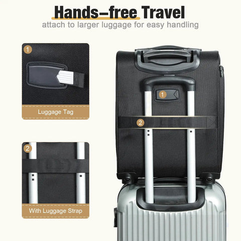 Back view of underseat carry on luggage attached to rolling suitcase, showing luggage tag and strap for hands-free travel.