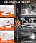 Comparison of Rock Solid Welding Workbench Table 35X24 Inches With Lockable Swivel Casters and Adjustable Tool Tray against flimsy wood options.