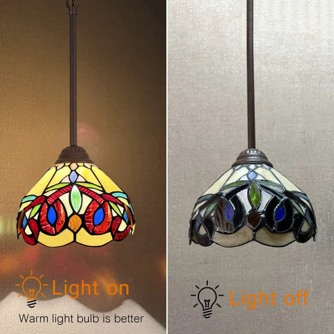 Victorian Style Stained Glass Pendant Light 8 Inch Cream Brown Hanging Lamp, light on and off view, adjustable chain.