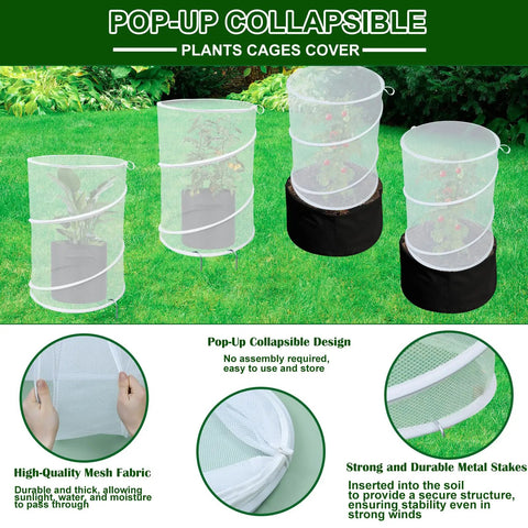 4 Pack Pop Up Plant Covers With Stakes, 20 Inch High By 13 Inch Diameter White Mesh Insect Barrier Garden Guards For Outdoor Plants, Breathable Animal Pest Protection, Easy Setup Mini Greenhouse
