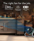 Exo61 Heavy Duty Air Circulator with 3 Speed Industrial Floor Blower Fan in garage setting, showcasing airflow and steel base