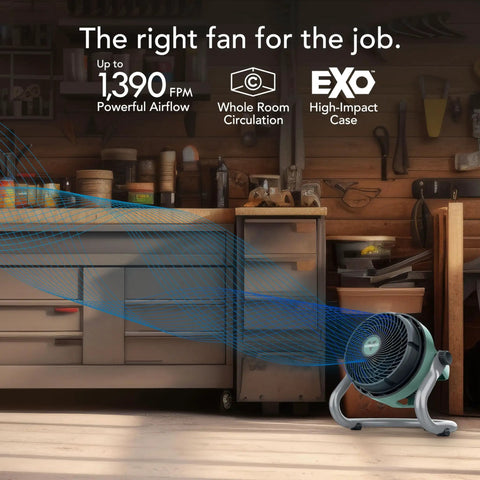 Exo61 Heavy Duty Air Circulator with 3 Speed Industrial Floor Blower Fan in garage setting, showcasing airflow and steel base