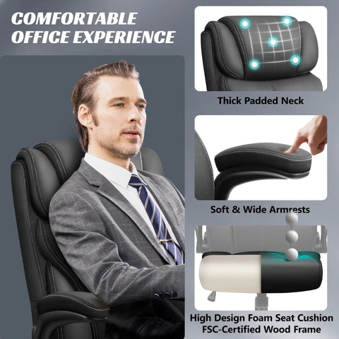 Ergonomic Big And Tall Office Chair With Breathable Leather All Day Comfort Boss Level Back Support Adjustable Flip Up Armrests Lumbar