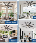 72 Inch Ceiling Fan With Lights, 8 Blade Dual Finish Black And Wood Look, Remote And App Control, installed in various rooms