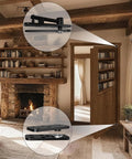 360 degree quiet pin hinges in use on hidden bookcase door, showing modern living room with fireplace and wooden beams
